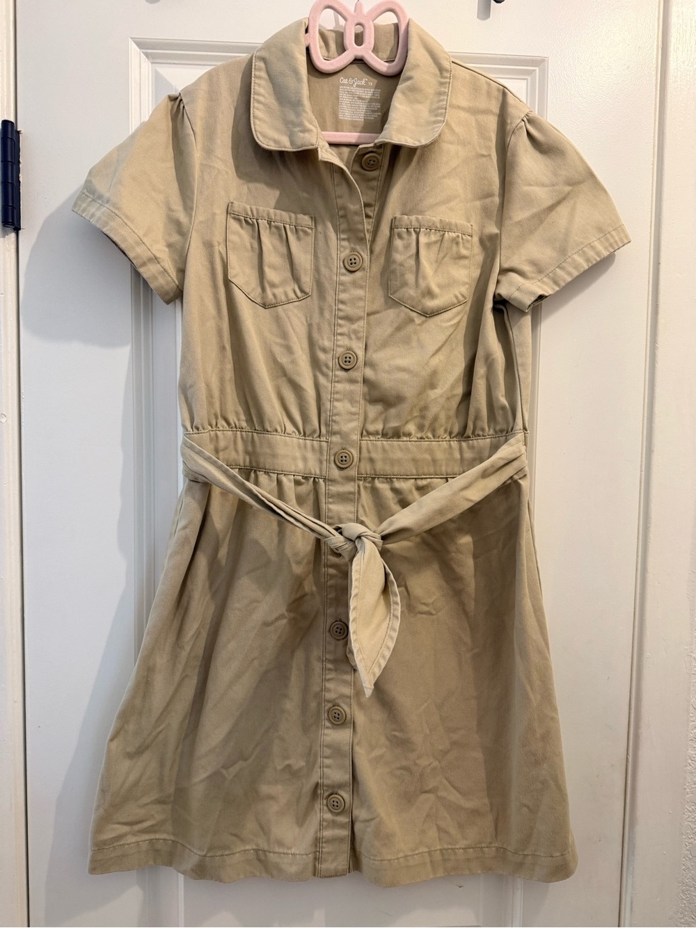 Girls' uniform Short Sleeve Button-Front Khaki Dress with Tie Waist